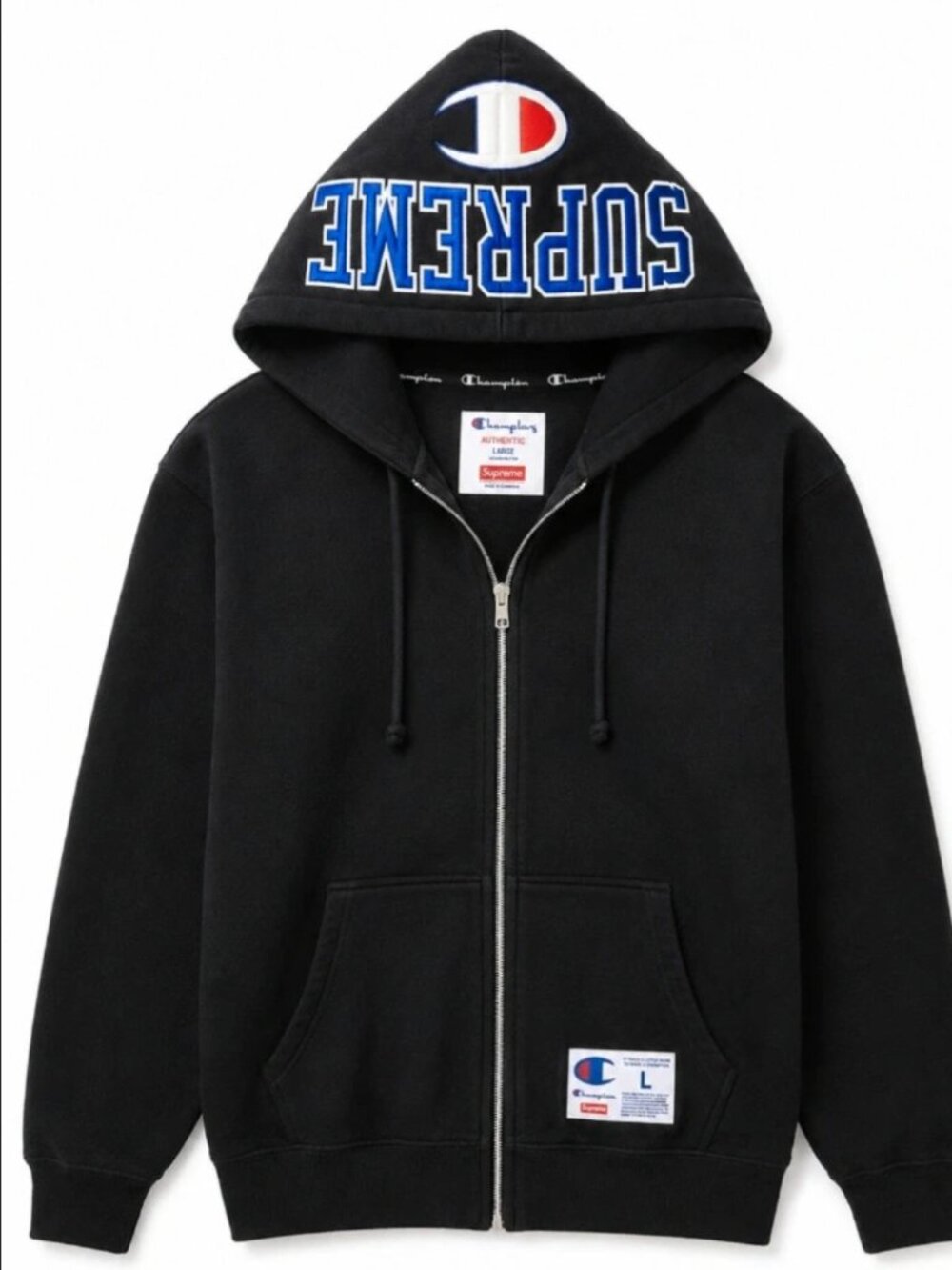 Supreme x Champion Arc Logo Zip Up Hoodie Black Large Spell Out Logo Hood Men's